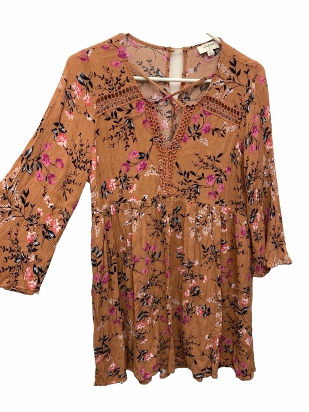 Umgee Boho Floral Mini Dress Long Sleeve Babydoll Peasant Tunic Large